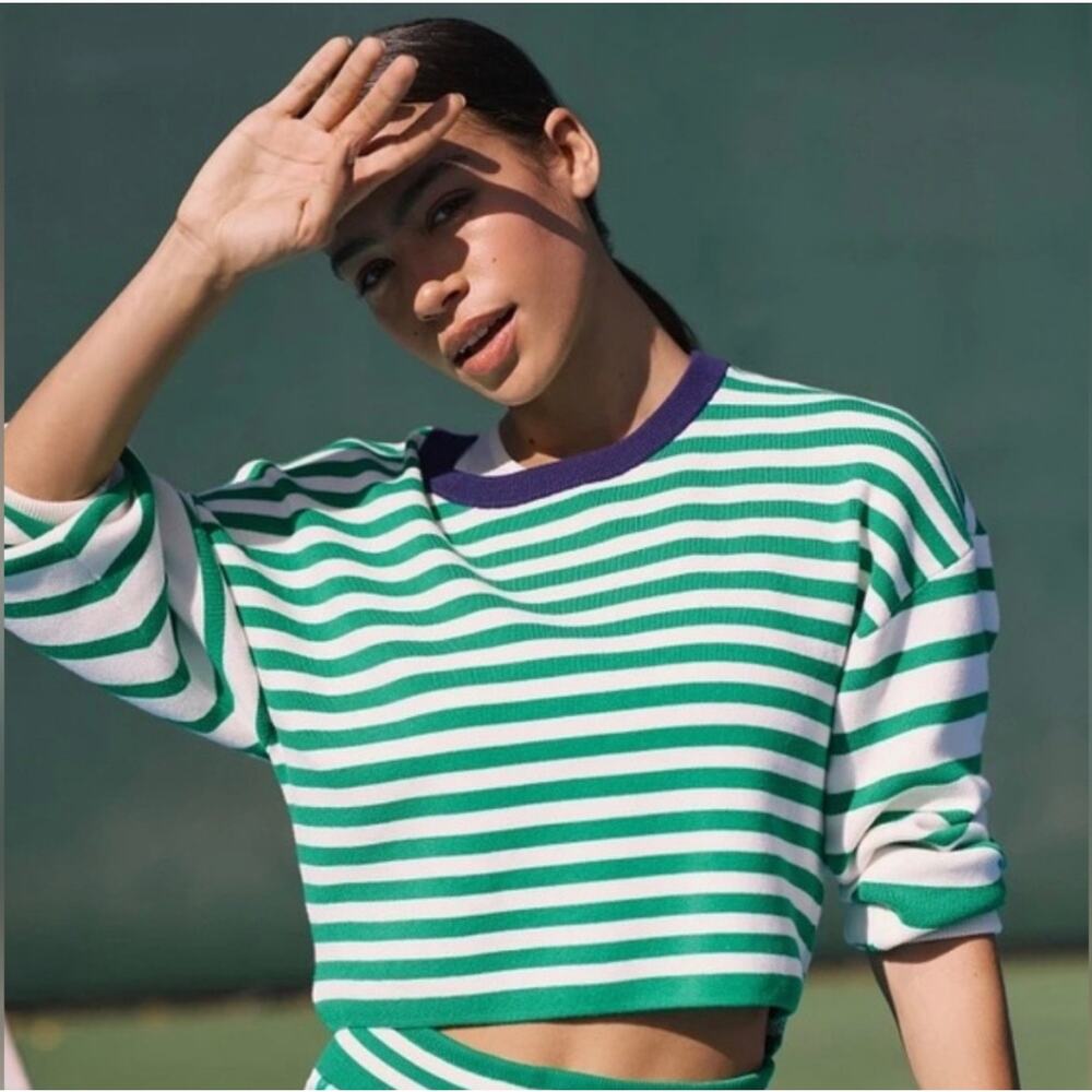 Anthropologie Daily Practice Long-Sleeve Striped Cropped Sweater XS Preppy Chic